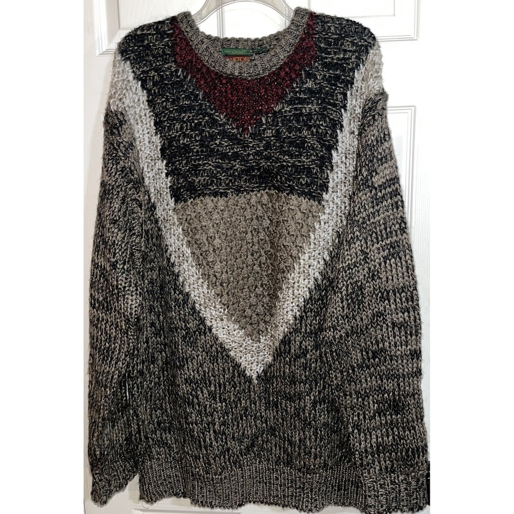 Vintage Oakton Unlimited Handknit Sweater XL Gray Black Maroon Acrylic‎ Pullover